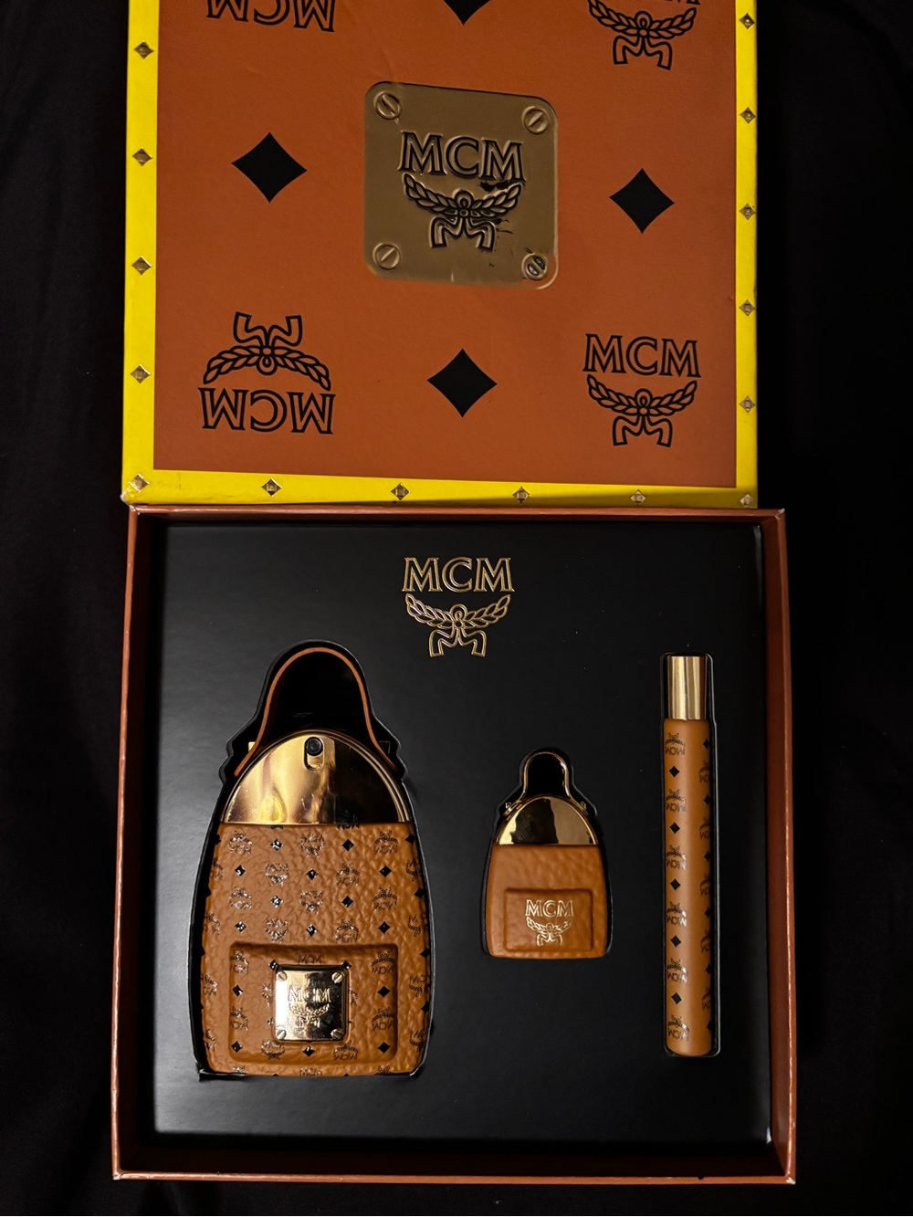 MCM Cognac and Gold Visetos Leather Travel Fragrance Set